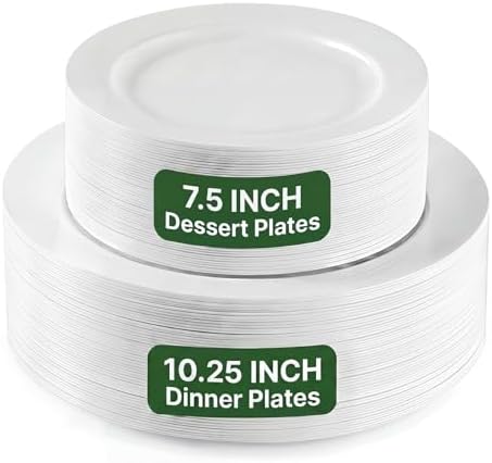 TENYANSEN 100 Piezas de Platos de Plástico Blancos Desechables, Platos de 10.25 para Cena y Platos de 7.5 para Aperitivos/Postres para Fiestas - imagen 1