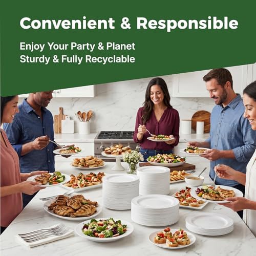 TENYANSEN 100 Piezas de Platos de Plástico Blancos Desechables, Platos de 10.25 para Cena y Platos de 7.5 para Aperitivos/Postres para Fiestas - imagen 3
