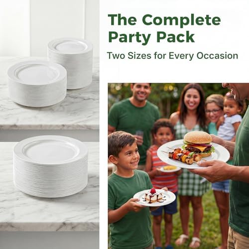 TENYANSEN 100 Piezas de Platos de Plástico Blancos Desechables, Platos de 10.25 para Cena y Platos de 7.5 para Aperitivos/Postres para Fiestas - imagen 6