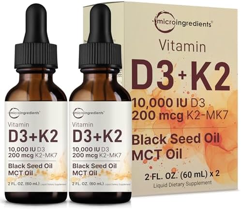 Micro Ingredients Paquete de 2 Vitaminas D3 10000 IU + K2 (MK-7) 200 mcg en Gotas, 4 fl oz | Con Aceite de Semilla Negra y MCT | Soporte 4 en 1 para - imagen 1