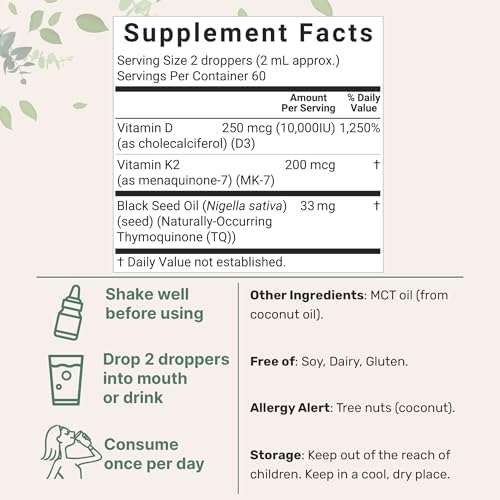 Micro Ingredients Paquete de 2 Vitaminas D3 10000 IU + K2 (MK-7) 200 mcg en Gotas, 4 fl oz | Con Aceite de Semilla Negra y MCT | Soporte 4 en 1 para - imagen 2