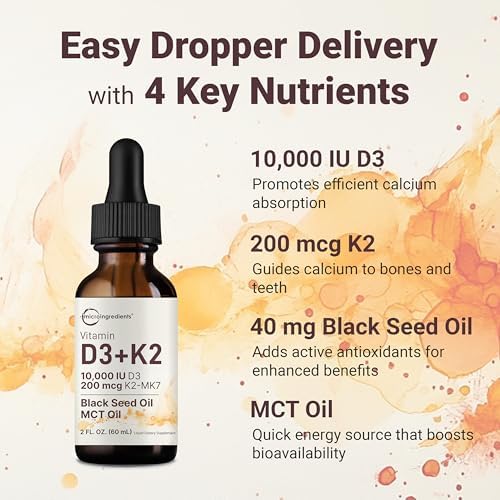 Micro Ingredients Paquete de 2 Vitaminas D3 10000 IU + K2 (MK-7) 200 mcg en Gotas, 4 fl oz | Con Aceite de Semilla Negra y MCT | Soporte 4 en 1 para - imagen 4