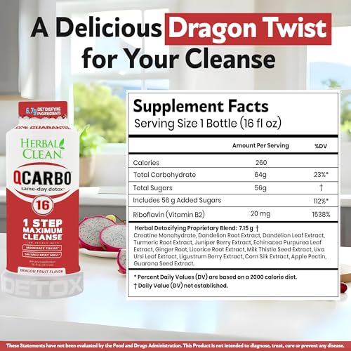 Herbal Clean Qcarbo16 Bebida Detox de Limpieza Total (16 fl oz) - Sabor Fruta del Dragón, Ideal para Niveles Moderados de Toxinas, con Vitamina B2 y - imagen 2