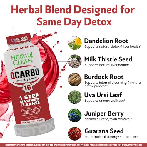 Herbal Clean Qcarbo16 Bebida Detox de Limpieza Total (16 fl oz) - Sabor Fruta del Dragón, Ideal para Niveles Moderados de Toxinas, con Vitamina B2 y - imagen 4