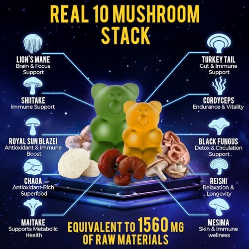 Gomitas de Champiñones de Nueva Generación con Ashwagandha y L-Theanina - Suplemento de Champiñones 10x con Shilajit - Gomitas Nootrópicas de Melena - imagen 4