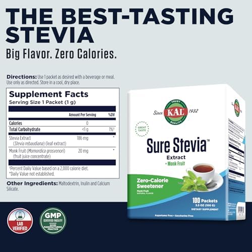 KAL Sure Stevia Plus Edulcorante de Fruta del Monje - Sabor Delicioso, Sin Calorías, Ideal para Dieta Keto o Baja en Carbohidratos, 60 Días de - imagen 2