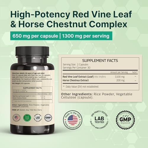 Extracto de Hoja de Vid Roja VINATURA - Castaño de Indias, 1300mg/porción *Hecho y probado en EE. UU.* Soporte para circulación y venas saludables - - imagen 2