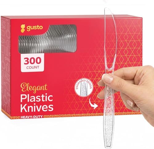 Paquete Cómodo [300 Piezas] Cuchillos de Plástico Transparentes Resistentes con Diseño Grabado - Cubiertos Desechables para Fiestas, Bodas y Eventos - imagen 1