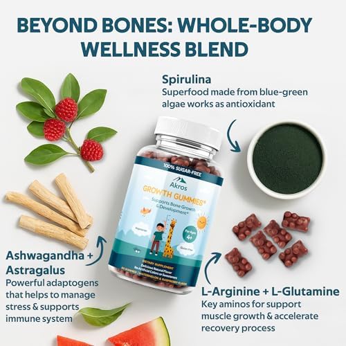 Gomitas de Crecimiento Akros para Niños y Adolescentes | Sin Azúcar, Calcio + Vitamina D3 y K2 | Soporte para Altura y Huesos | Ashwagandha, - imagen 5