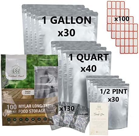 Bolsas Mylar Habitual Heart para Almacenamiento de Alimentos, 100 Unidades, 9.5mil de Grosor, 130 Absorbentes de Oxígeno, Empaque Hermético, - imagen 1