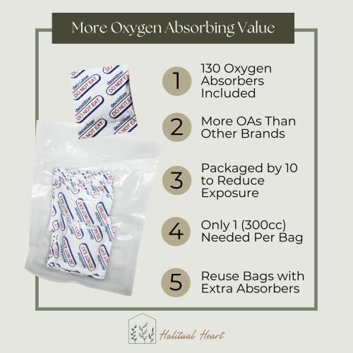 Bolsas Mylar Habitual Heart para Almacenamiento de Alimentos, 100 Unidades, 9.5mil de Grosor, 130 Absorbentes de Oxígeno, Empaque Hermético, - imagen 4