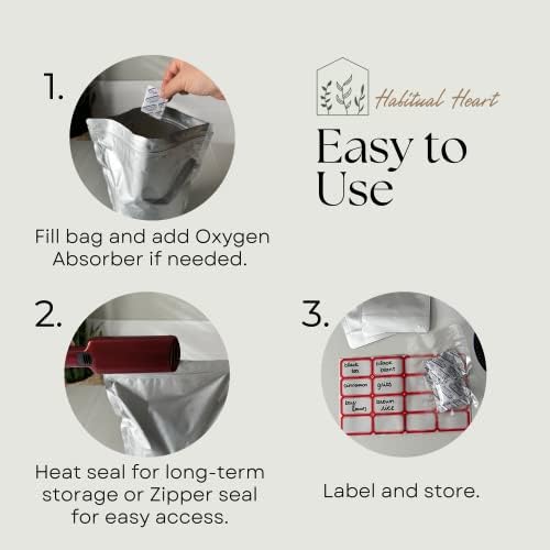 Bolsas Mylar Habitual Heart para Almacenamiento de Alimentos, 100 Unidades, 9.5mil de Grosor, 130 Absorbentes de Oxígeno, Empaque Hermético, - imagen 8