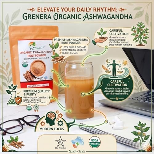 Polvo de Raíz de Ashwagandha Orgánico Grenera | Certificado USDA Orgánico, Vegano y Kosher | Sin OGM y Sin Gluten | Ideal para Batidos, Bebidas y - imagen 5