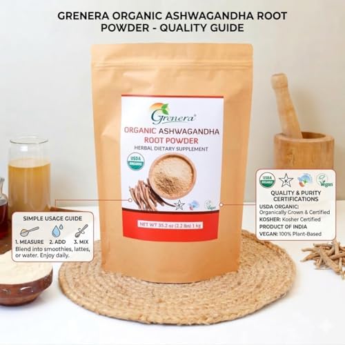 Polvo de Raíz de Ashwagandha Orgánico Grenera | Certificado USDA Orgánico, Vegano y Kosher | Sin OGM y Sin Gluten | Ideal para Batidos, Bebidas y - imagen 6