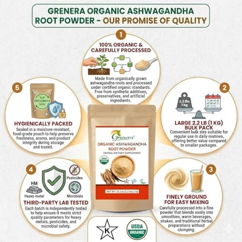 Polvo de Raíz de Ashwagandha Orgánico Grenera | Certificado USDA Orgánico, Vegano y Kosher | Sin OGM y Sin Gluten | Ideal para Batidos, Bebidas y - imagen 7