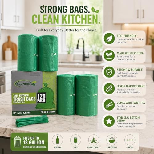 Bolsas de Basura Biodegradables para Cocina Alta de 13 Galones (120 Bolsas) Ecológicas Verdes de 55 Litros, Amigables con el Medio Ambiente - imagen 4