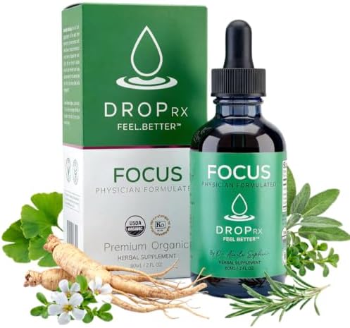 Gotas Líquidas Herbales DropRX Focus para Adultos - Ginseng, Ginkgo Biloba, Bacopa, Romero y Salvia - Suplemento Orgánico para la Salud Cerebral y - imagen 1
