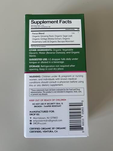 Gotas Líquidas Herbales DropRX Focus para Adultos - Ginseng, Ginkgo Biloba, Bacopa, Romero y Salvia - Suplemento Orgánico para la Salud Cerebral y - imagen 7