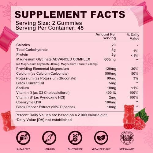 Gomitas de Magnesio Glycinate 600mg, Complejo de Magnesio de Alta Absorción, Sin Azúcar, con Vitamina D, B6 y CQ10 para Relajación y Soporte Muscular - imagen 2