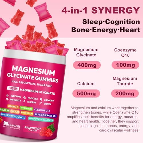 Gomitas de Magnesio Glycinate 600mg, Complejo de Magnesio de Alta Absorción, Sin Azúcar, con Vitamina D, B6 y CQ10 para Relajación y Soporte Muscular - imagen 4
