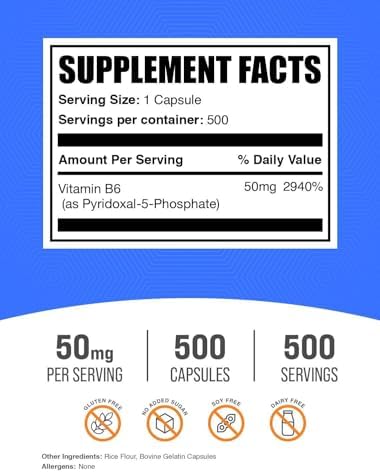 Cápsulas de Pyridoxal 5 Fosfato de BulkSupplements.com - Suplemento de Vitamina B6, Libre de Gluten, 50mg por Porción, 500 Contenido - imagen 2