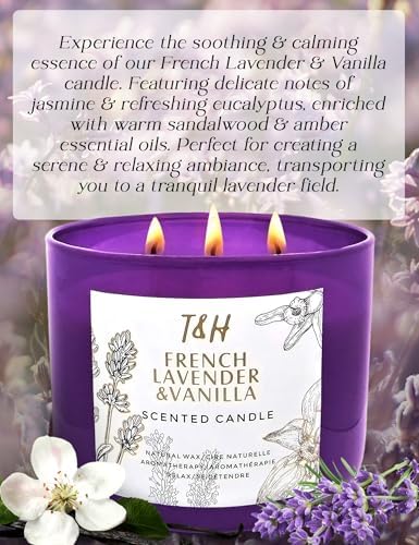 Vela Aromática de Lavanda Francesa y Vainilla de 3 Mechas | 15.8 oz | Vela de Soya para el Hogar | Aroma Floral Relajante | Regalos Acogedores para - imagen 2