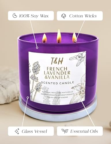 Vela Aromática de Lavanda Francesa y Vainilla de 3 Mechas | 15.8 oz | Vela de Soya para el Hogar | Aroma Floral Relajante | Regalos Acogedores para - imagen 4