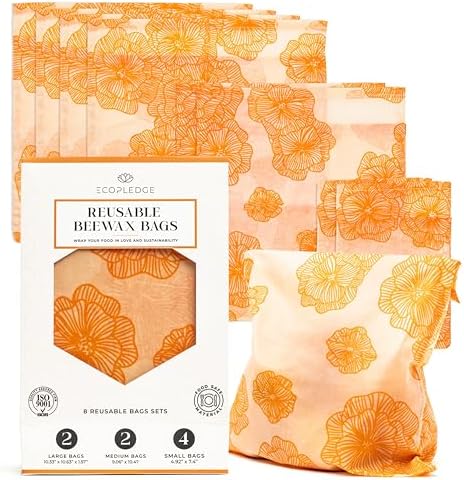 Bolsas de Almacenamiento de Alimentos Reutilizables EcoPledge de Cera de Abeja – Paquete de 8 (2 Grandes, 2 Medianas, 4 Pequeñas) | Alternativa - imagen 1