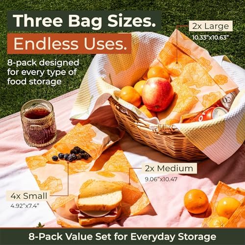 Bolsas de Almacenamiento de Alimentos Reutilizables EcoPledge de Cera de Abeja – Paquete de 8 (2 Grandes, 2 Medianas, 4 Pequeñas) | Alternativa - imagen 4