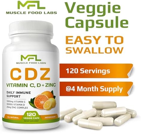 MUSCLE FOOD LABS | C D Z | Vitamina C 1000mg, Vitamina D3 125mcg, Zinc 25mg | No GMO y Sin Gluten | 120 Cápsulas Vegetarianas | 120 Porciones - imagen 7