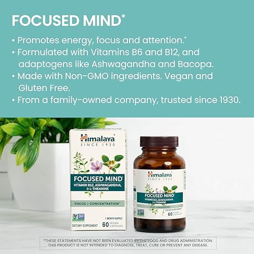 Suplemento Himalaya Focused Mind con Ashwagandha, Bacopa y L-Theanine para Atención, Enfoque y Energía, 60 Cápsulas Veganas, Sin Gluten, 1 Mes de - imagen 3