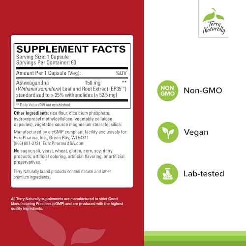 Terry Naturally Ashwagandha EP35 Extra Fuerte - 60 Cápsulas - Adaptógeno Potente - Sin OGM, Vegano - 60 Porciones - imagen 2