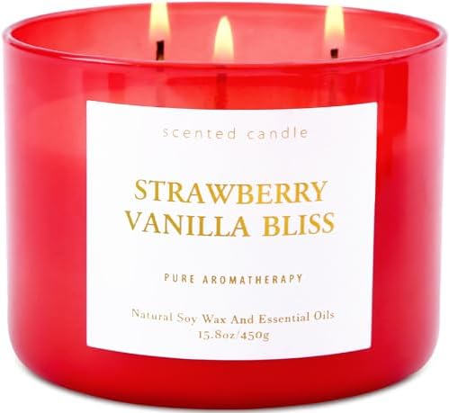 Vela Aromática de Fresa y Vainilla 3 Mechas | 15.8 oz | Vela Grande para el Hogar | Aroma Duradero y Limpio | Listo para Regalar - imagen 1