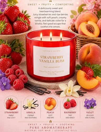 Vela Aromática de Fresa y Vainilla 3 Mechas | 15.8 oz | Vela Grande para el Hogar | Aroma Duradero y Limpio | Listo para Regalar - imagen 2