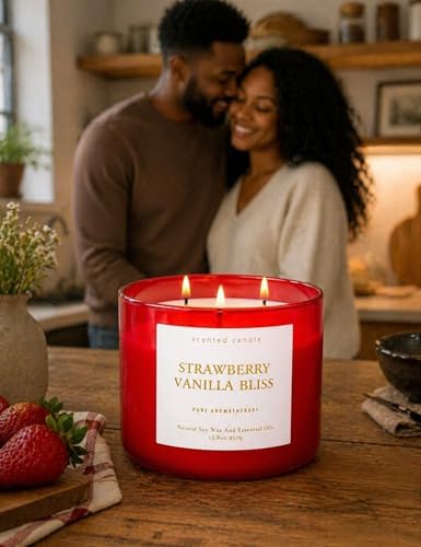 Vela Aromática de Fresa y Vainilla 3 Mechas | 15.8 oz | Vela Grande para el Hogar | Aroma Duradero y Limpio | Listo para Regalar - imagen 3