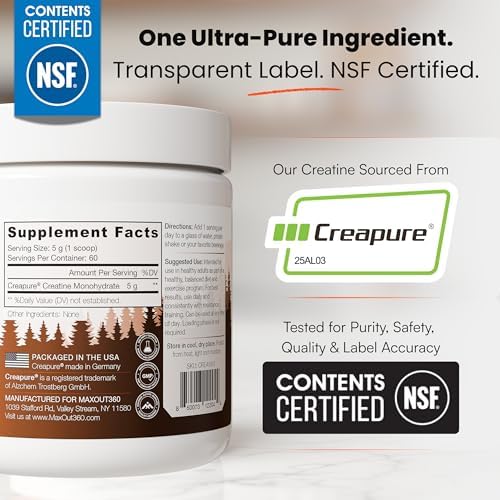 MaxOut360 Creapure Creatina Monohidratada en Polvo, 60 Porciones, Sin Sabor, Certificada NSF, Creatina Pura Alemana para Crecimiento Muscular, Fuerza - imagen 2