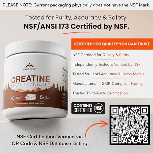 MaxOut360 Creapure Creatina Monohidratada en Polvo, 60 Porciones, Sin Sabor, Certificada NSF, Creatina Pura Alemana para Crecimiento Muscular, Fuerza - imagen 3