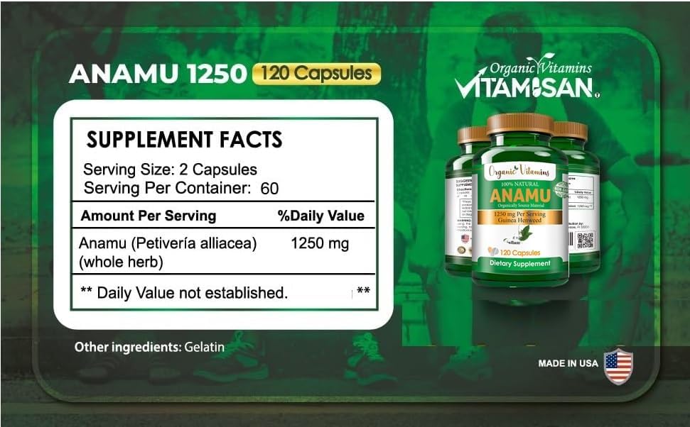 Vitamisan Vitaminas Orgánicas Anamu 1250mg 100% Cultivadas Orgánicamente 240 Cápsulas Petiveria Allicea - imagen 4