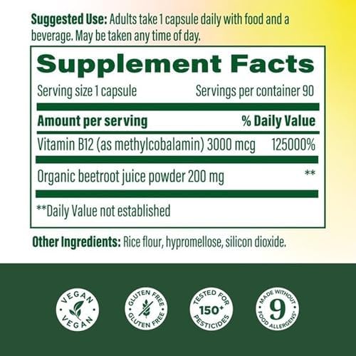 MegaFood Vitamina B12 Extra Fuerte 3000mcg, Apoya el Metabolismo Energético y la Salud Nerviosa, Vegana y Sin Gluten, 90 Cápsulas - imagen 2