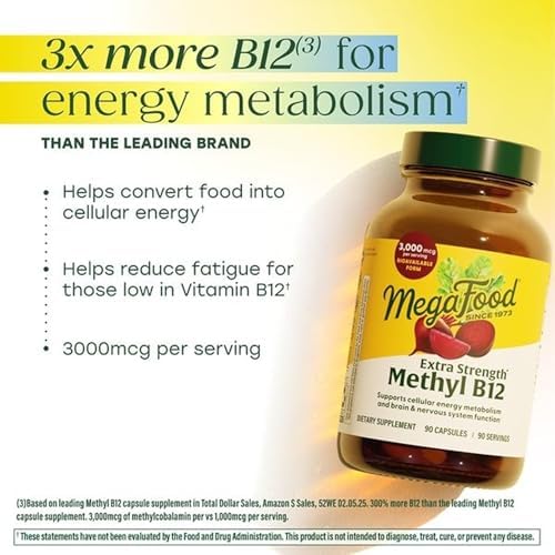 MegaFood Vitamina B12 Extra Fuerte 3000mcg, Apoya el Metabolismo Energético y la Salud Nerviosa, Vegana y Sin Gluten, 90 Cápsulas - imagen 3