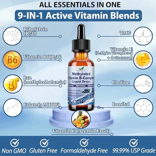 Gotas Líquidas de Complejo B Metilado 9 en 1 con B12, Metilfolato, Inositol, Colina, TMG, Vitamina C y E, Apoyo MTHFR, Energía y Salud Cerebral - imagen 2