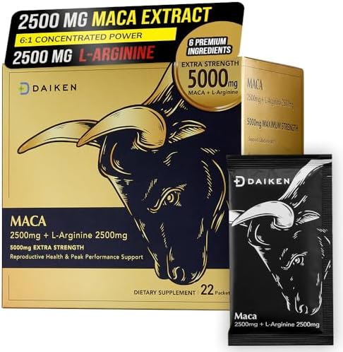 DAIKEN Maca Raíz Extra Fuerte y L-Arginina (5,000mg) - Extracto Potente 6:1 (2,500mg Maca + 2,500mg L-Arginina) - Mezcla Gelatinizada Negra, Roja y - imagen 1