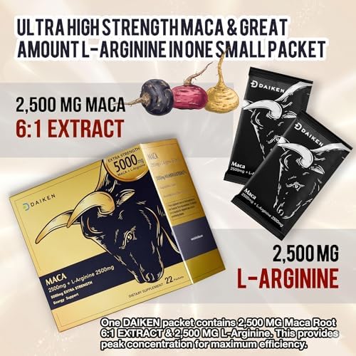 DAIKEN Maca Raíz Extra Fuerte y L-Arginina (5,000mg) - Extracto Potente 6:1 (2,500mg Maca + 2,500mg L-Arginina) - Mezcla Gelatinizada Negra, Roja y - imagen 2