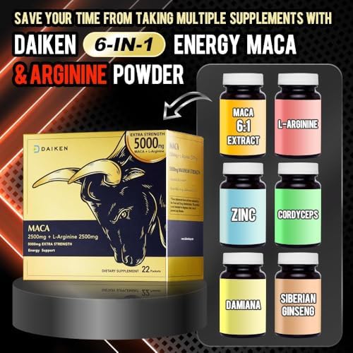 DAIKEN Maca Raíz Extra Fuerte y L-Arginina (5,000mg) - Extracto Potente 6:1 (2,500mg Maca + 2,500mg L-Arginina) - Mezcla Gelatinizada Negra, Roja y - imagen 3
