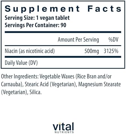Niacina Vital Nutrients 500mg - Suplemento de Liberación Prolongada para Hombres y Mujeres - Vitamina B3 para la Salud Cardiaca y Metabolismo de - imagen 2