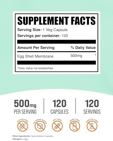 Cápsulas de Membrana de Cáscara de Huevo BulkSupplements.com - Suplemento de Colágeno, Libre de Lácteos y Gluten - 1 Cápsula por Porción (500mg), 120 - imagen 2