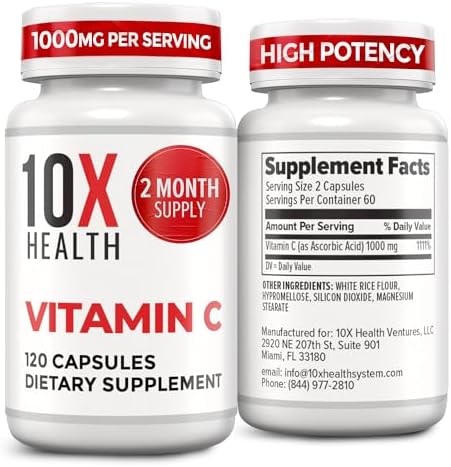 10X Health Vitamina C 1000mg - 120 Cápsulas - Alta Dosis de Ácido Ascórbico para Inmunidad, Antioxidantes y Soporte de Colágeno - Sin OGM, Sin Gluten - imagen 1