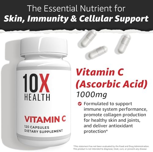 10X Health Vitamina C 1000mg - 120 Cápsulas - Alta Dosis de Ácido Ascórbico para Inmunidad, Antioxidantes y Soporte de Colágeno - Sin OGM, Sin Gluten - imagen 4