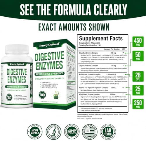 Enzimas Digestivas Purely Optimal para Hombres y Mujeres – Suplemento Multienzimático para Alivio de Inflamación, Digestión y Soporte de Comidas - imagen 2