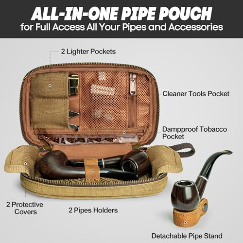 Funda de Lona encerada Yarwo para Pipas de Tabaco, Almacena 2 Pipas y Accesorios, Bolsa Impermeable para Fumar con Soporte de Cuero, Solo Bolsa - imagen 2